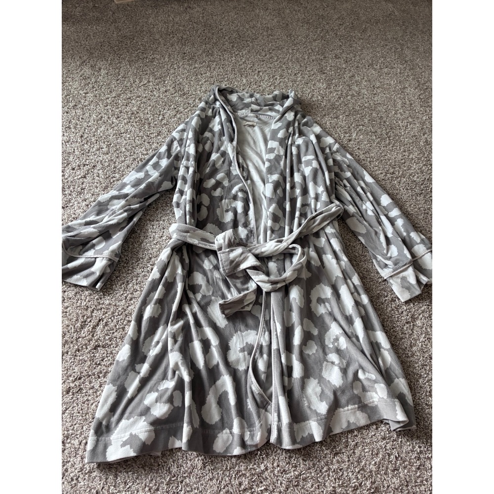 World Market Leopard Robe Gray White Hooded Belted Loungewear OS